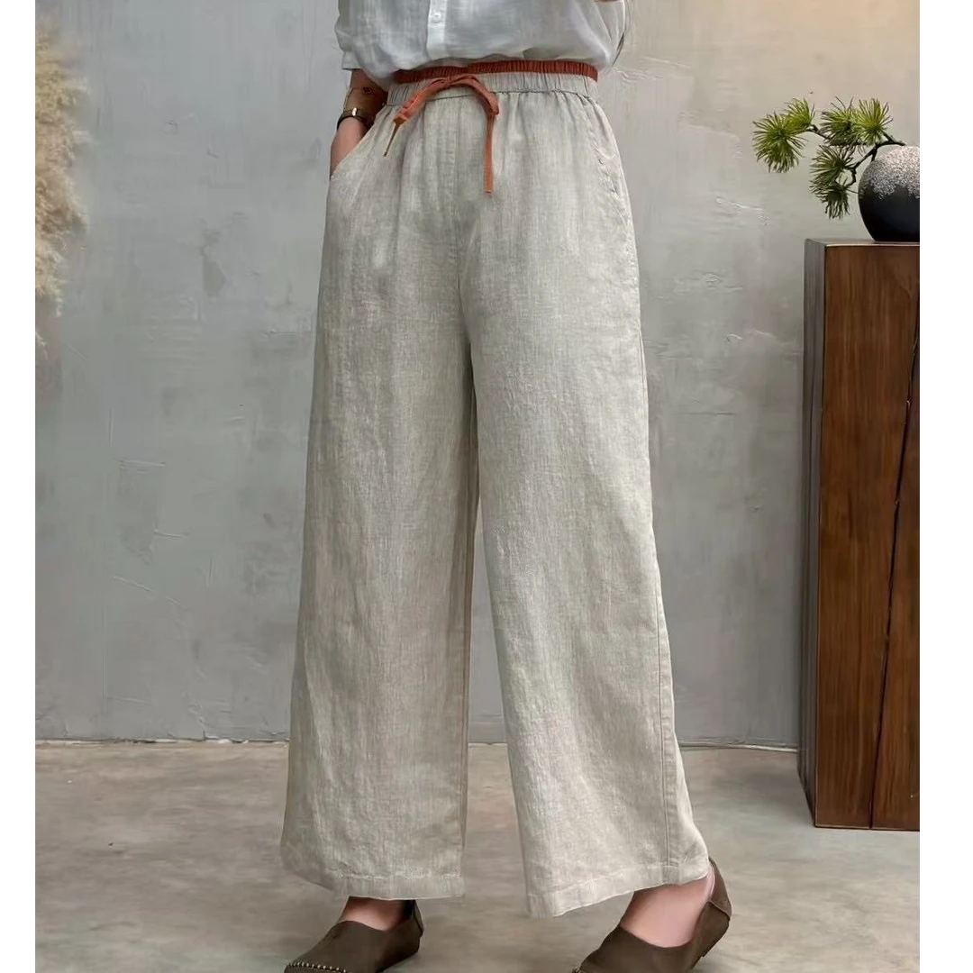 春夏款复古休闲纯亚麻直筒裤纯色显瘦时尚宽松透气