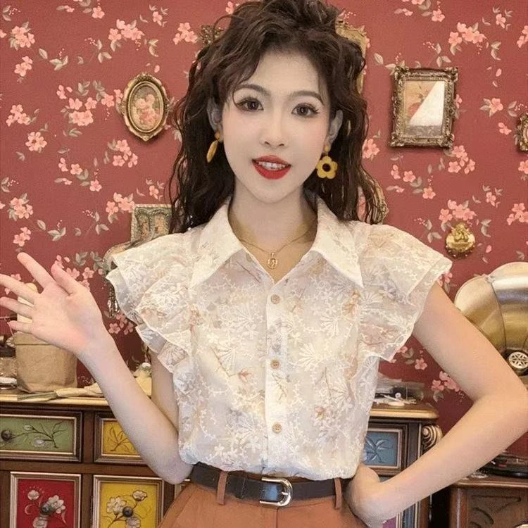 1-561#欧货复古提花衬衫女夏季翻领衬衣显瘦小飞袖减龄洋气上衣