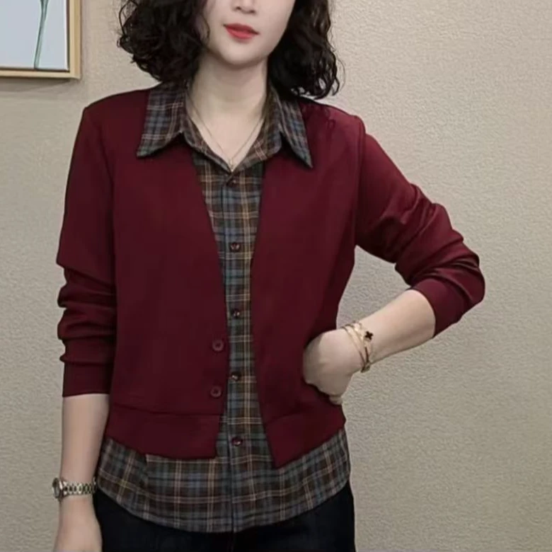 时尚假两件翻领打底衫女2025秋季妈妈装长袖小衫洋气拼色宽松上衣