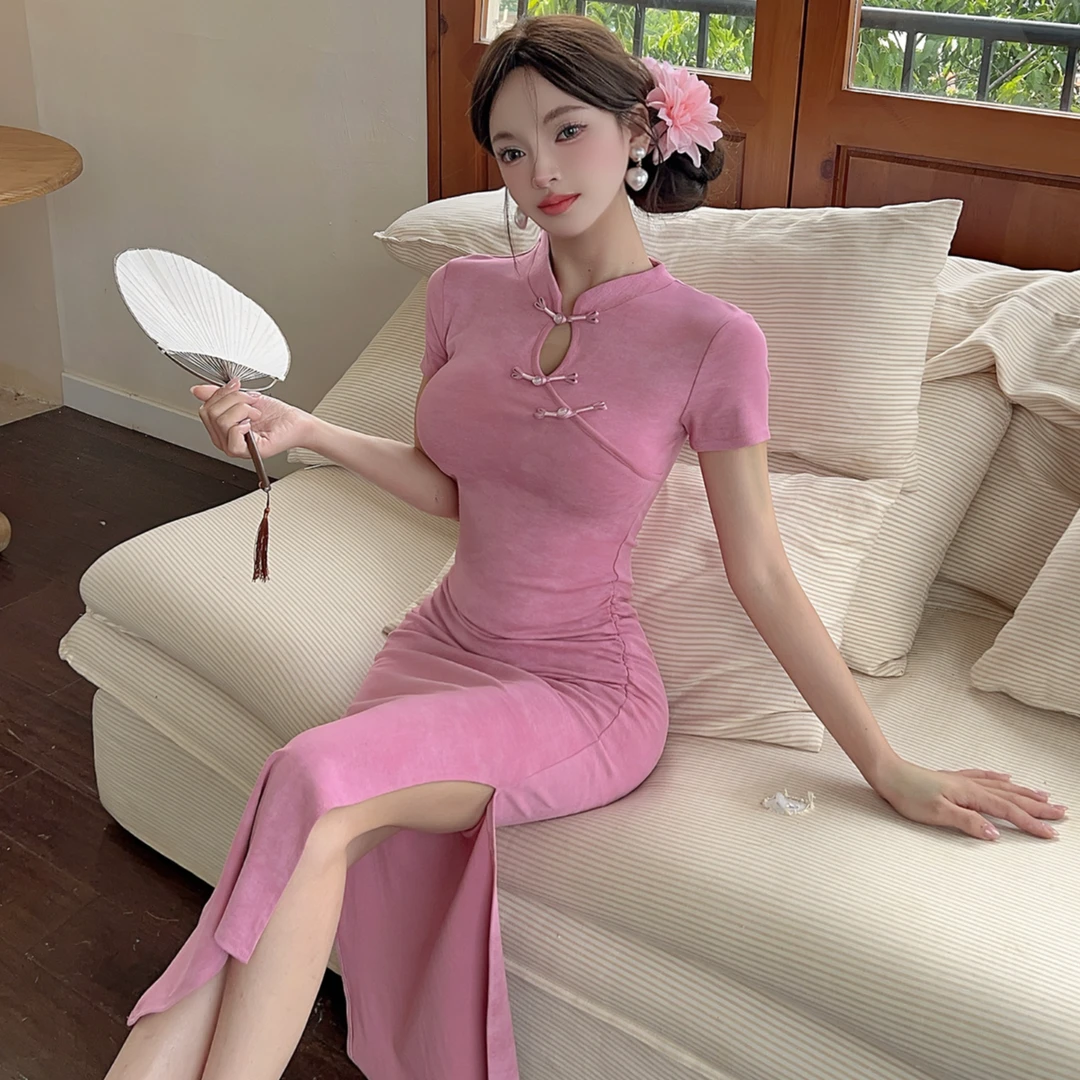 夏季新中式国风年轻款少女改良旗袍裙中长款连衣裙直播女主播衣服