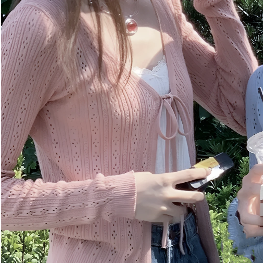 80070 祺欣家 法式镂空短款小众设计高级感系带简约针织防晒衣