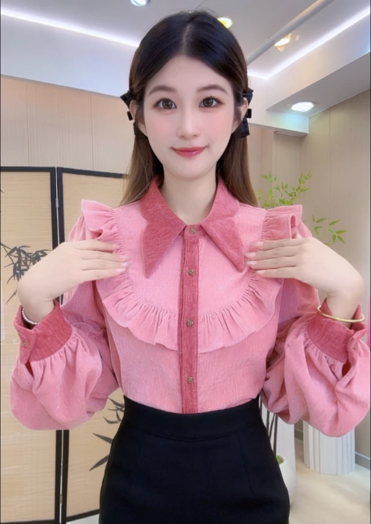 【769】复古衬衫上衣女装秋冬新款温柔蝴蝶撞色领撞色法式衬衣