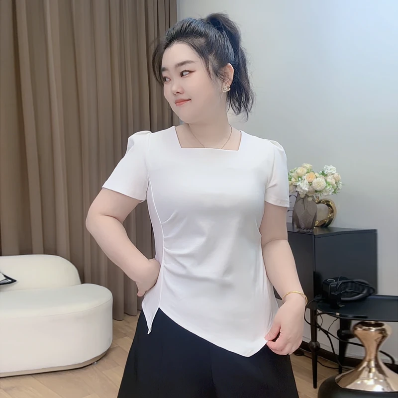 大码女装25春夏法式方领正肩短袖T恤胖mm遮肚显瘦不规则上衣