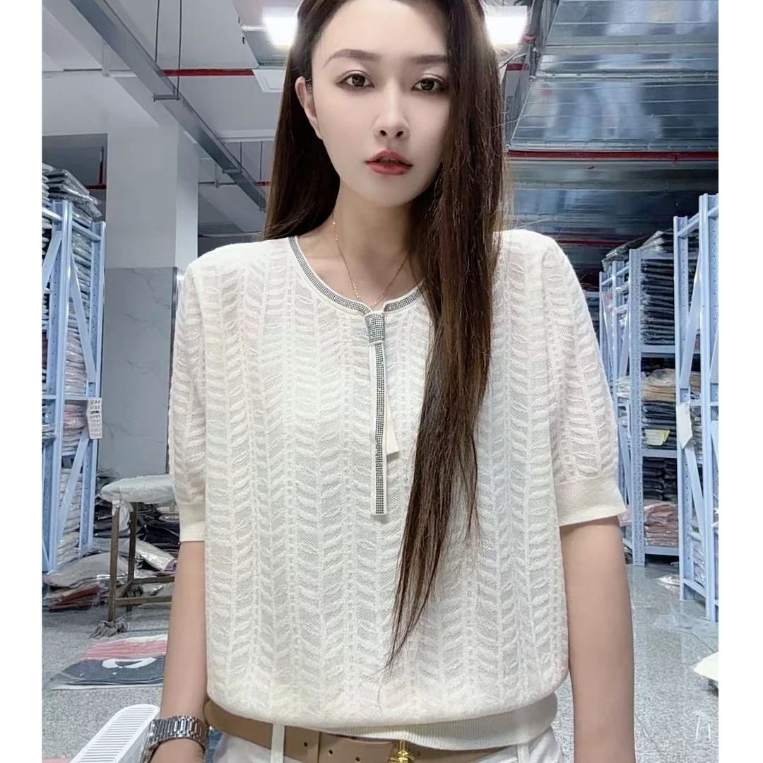 【例畔精选】2025春夏款时尚气质镶钻洋气显瘦百搭提花针织衫S845#