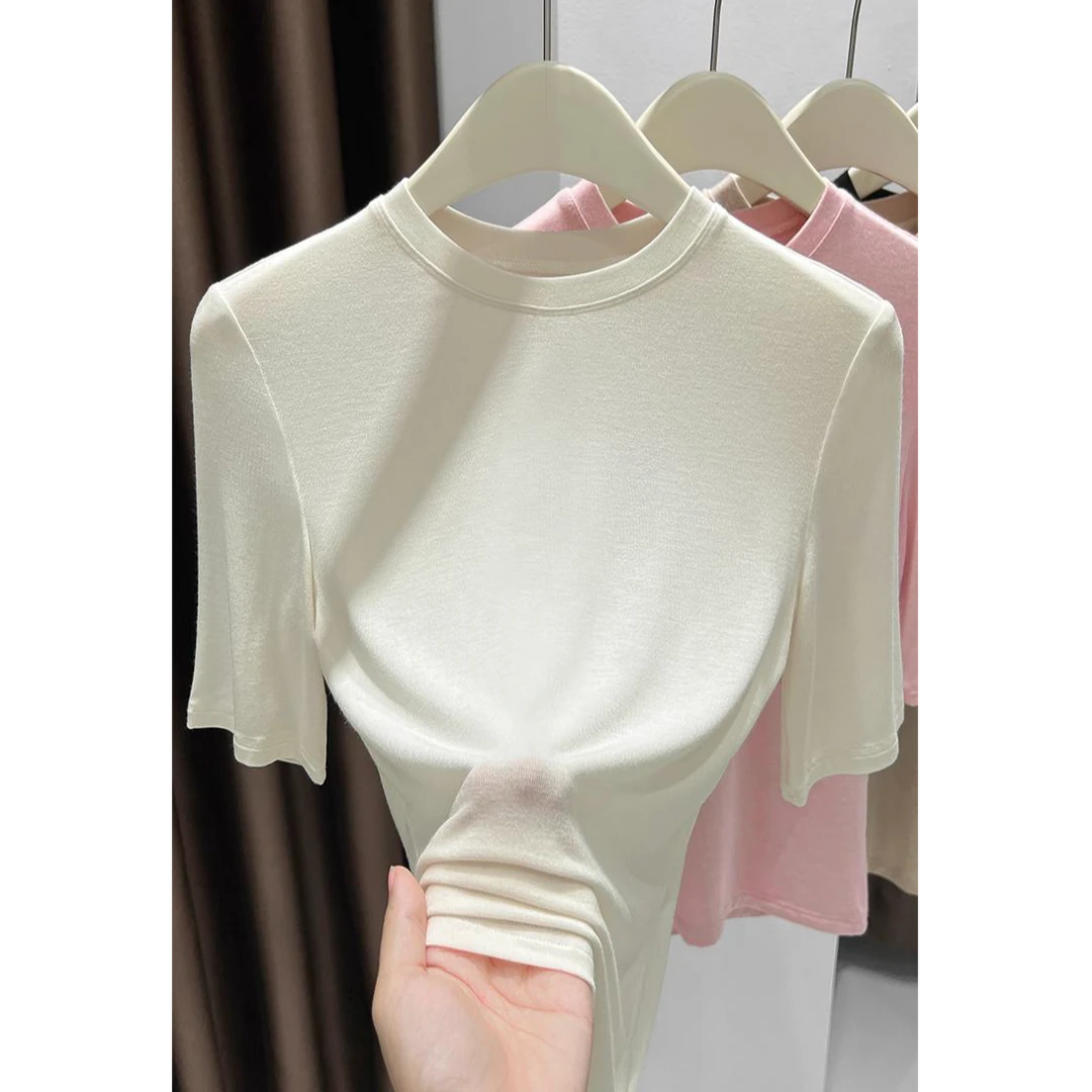 超弹皮肤衣中袖打底衫女春夏新款短袖T恤莫代尔内搭薄款白色上衣