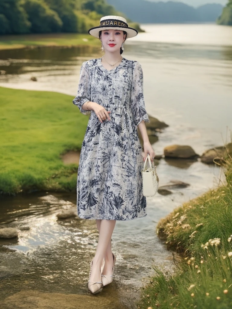 [小老弟】水墨江南连衣裙时尚显瘦夏季法式收腰中长款修身裙