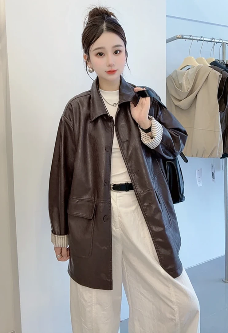 西装轻熟风皮衣外套女复古单排扣夹克休闲翻领中长款百搭机车服女