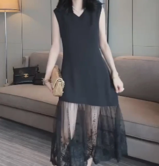 2025春季新款网红同款洋气减龄气质休闲薄款拼接连衣裙叶RR-55
