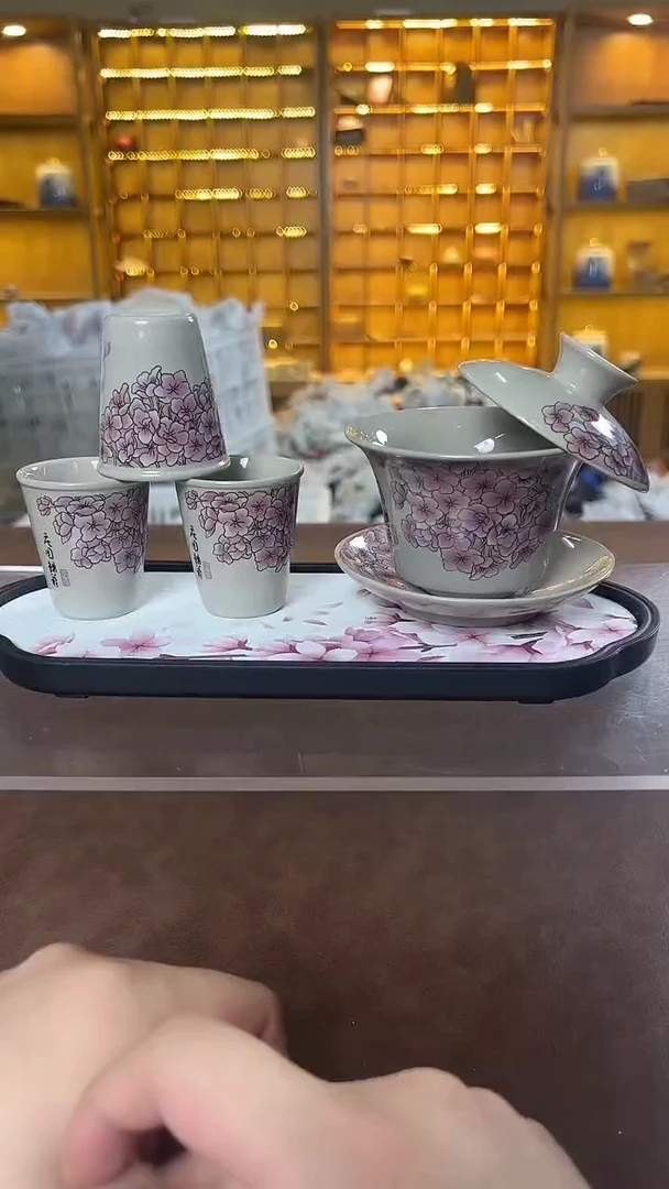 瓷片鸣盏居11111桃花盖碗+3杯+茶盘