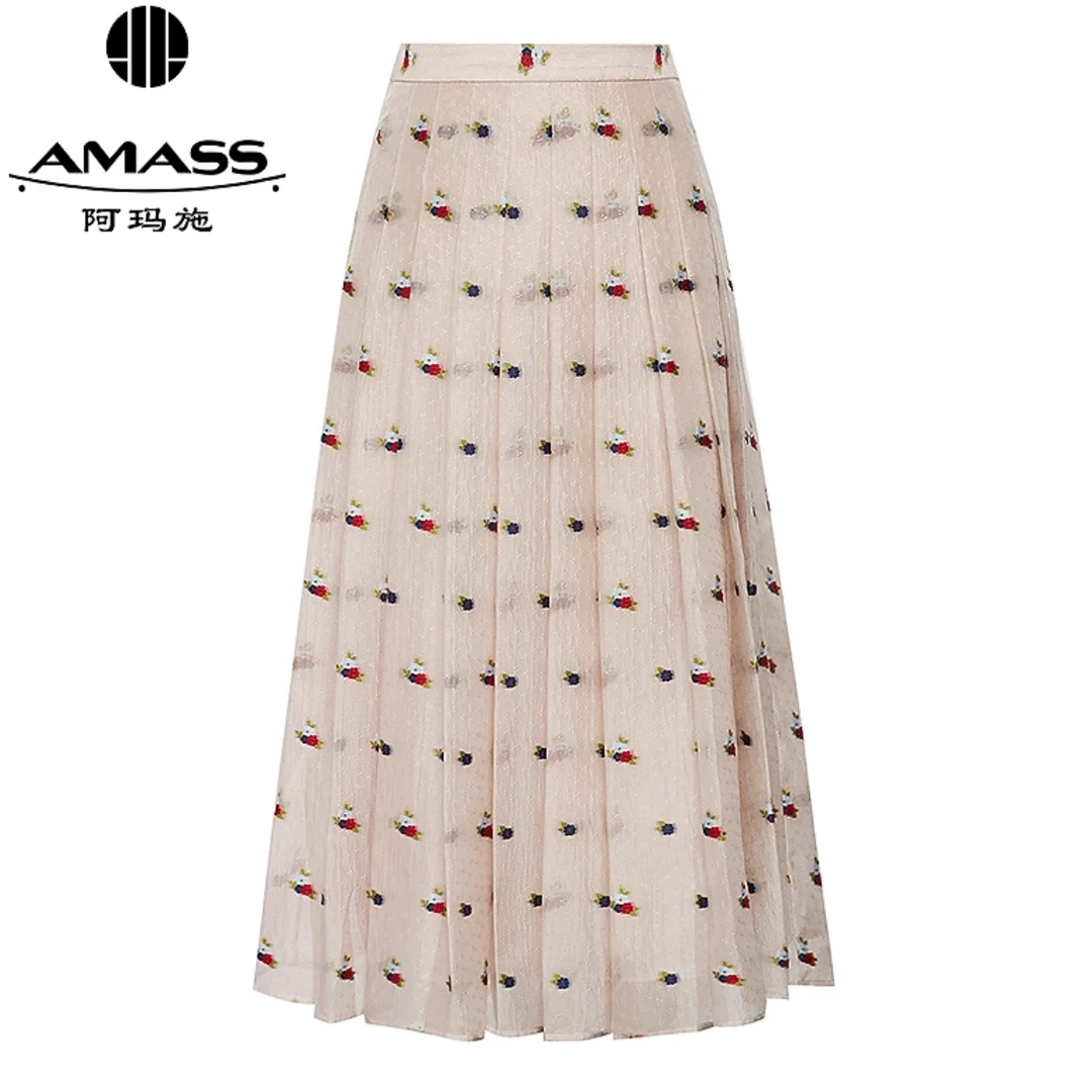 AMASS/阿玛施舒适通勤淡雅甜美花色高腰A字打褶提花半裙520006