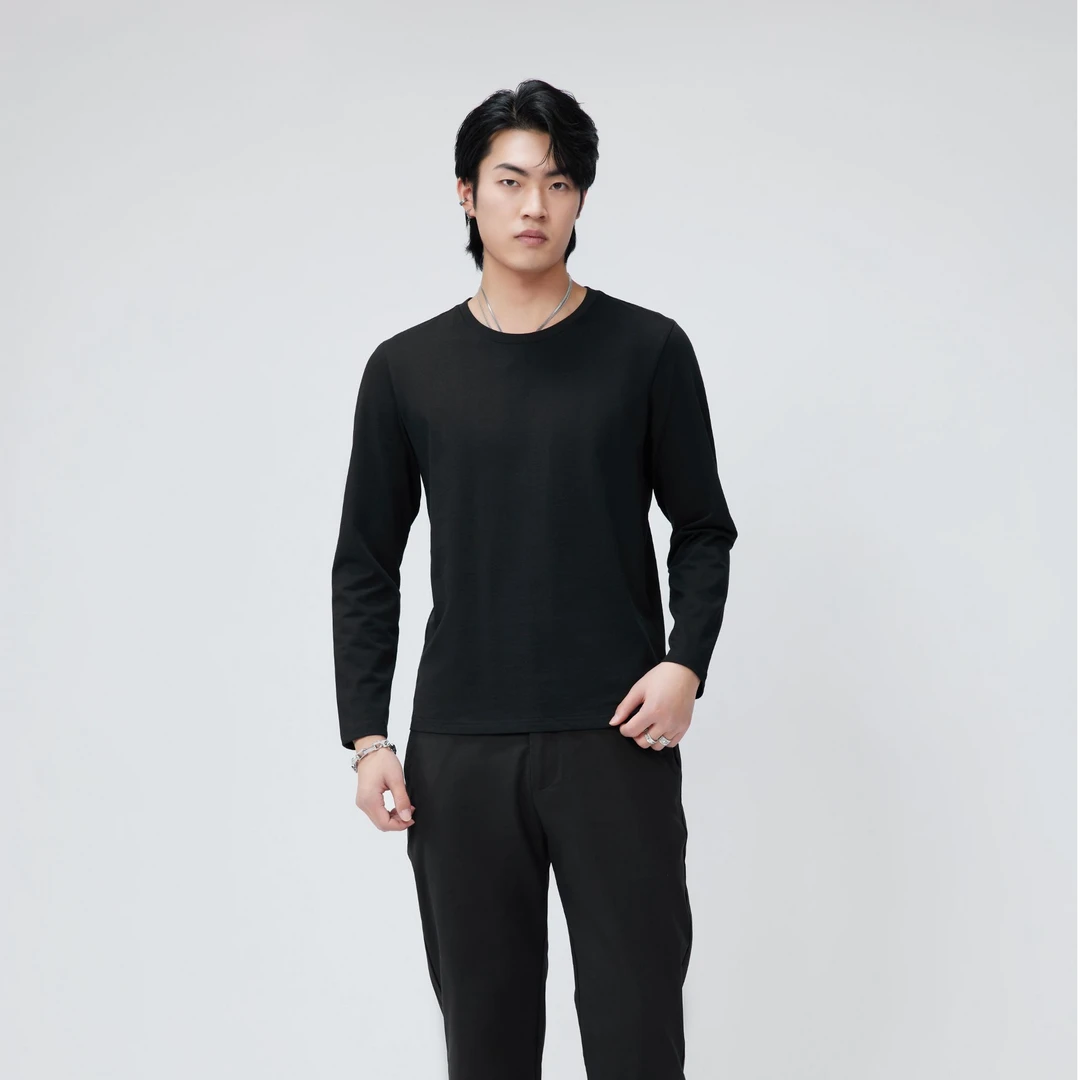 HERBEL/黑白春季男士长袖百搭款式时尚休闲潮流纯色简约宽松上衣