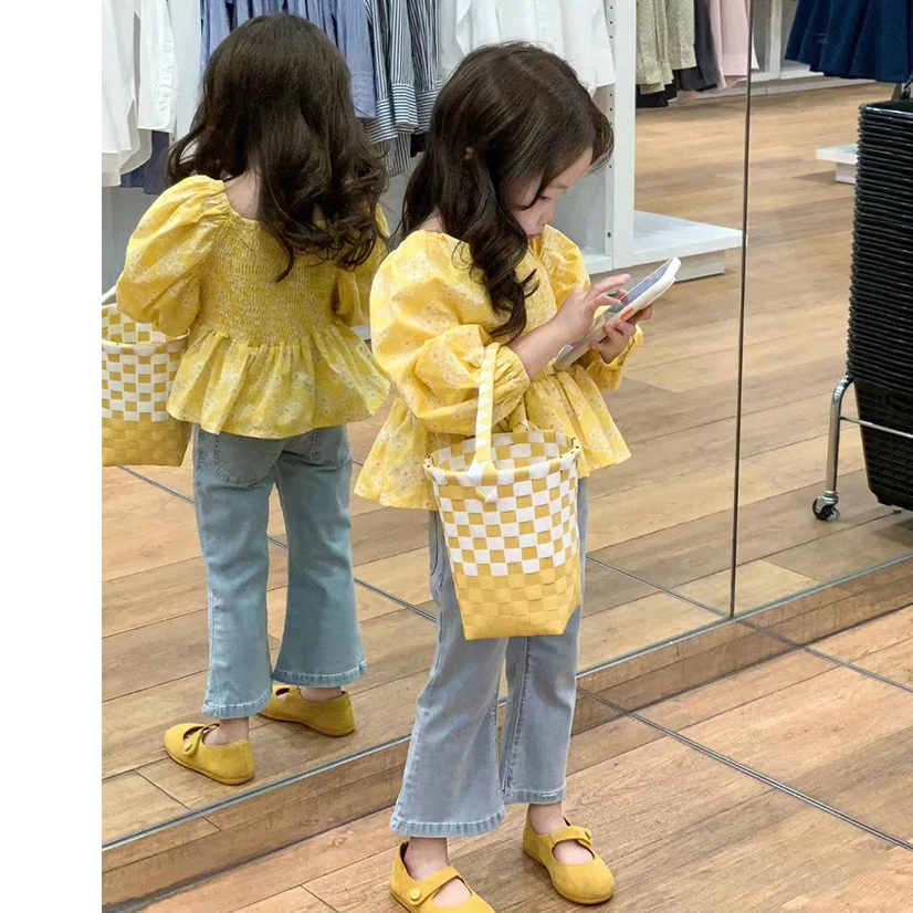 2025春新款韩版女童宝宝碎花长袖衬衣九分喇叭牛仔裤洋气衬衣套装
