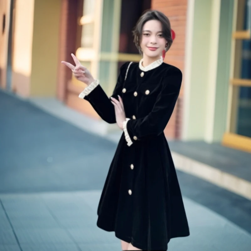 【小依专享】L3F1058XA简约优雅小众连衣裙长袖气质黑色裙子-1058