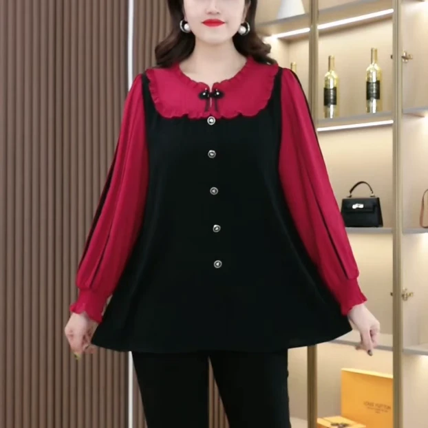 新年春季大码女装洋气休闲时尚拼接盘扣新款显瘦百搭上衣ZB6038