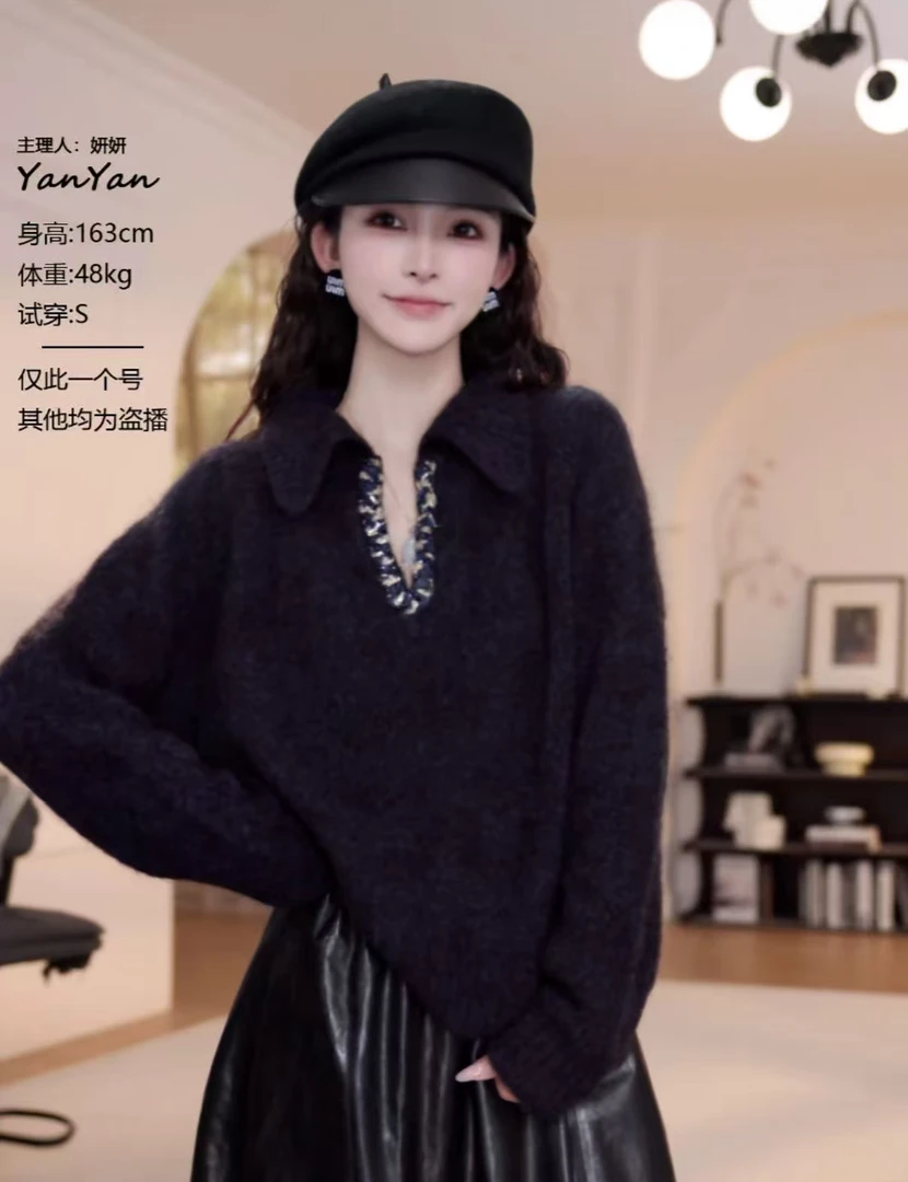【YANYAN】紫色翻领毛衣女秋季新款慵懒风软糯长袖套头针织衫8835
