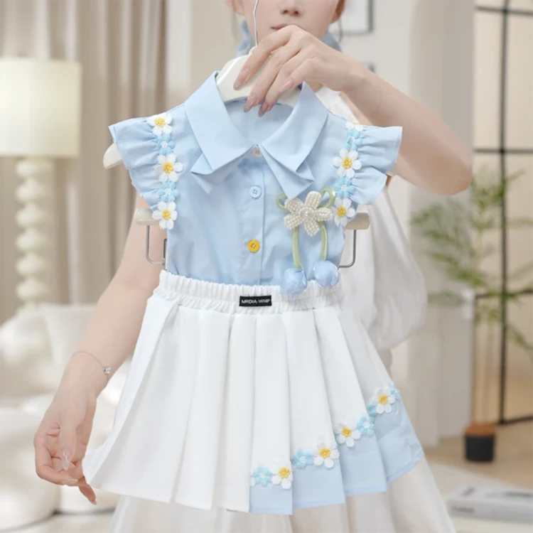 女童小飞袖衬衫半身裙套装2025夏季花边短袖百褶裙学院风短裙短袖