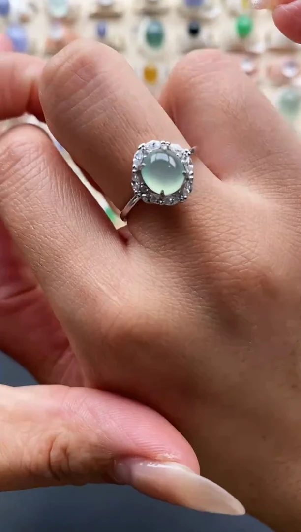 银S925镶嵌戒指翡翠缅甸天然A货翡翠1  10-7