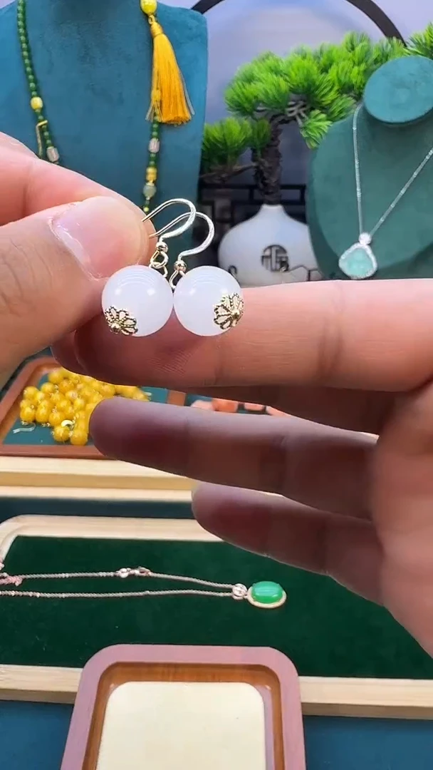 和田玉14K金镶嵌耳饰E118