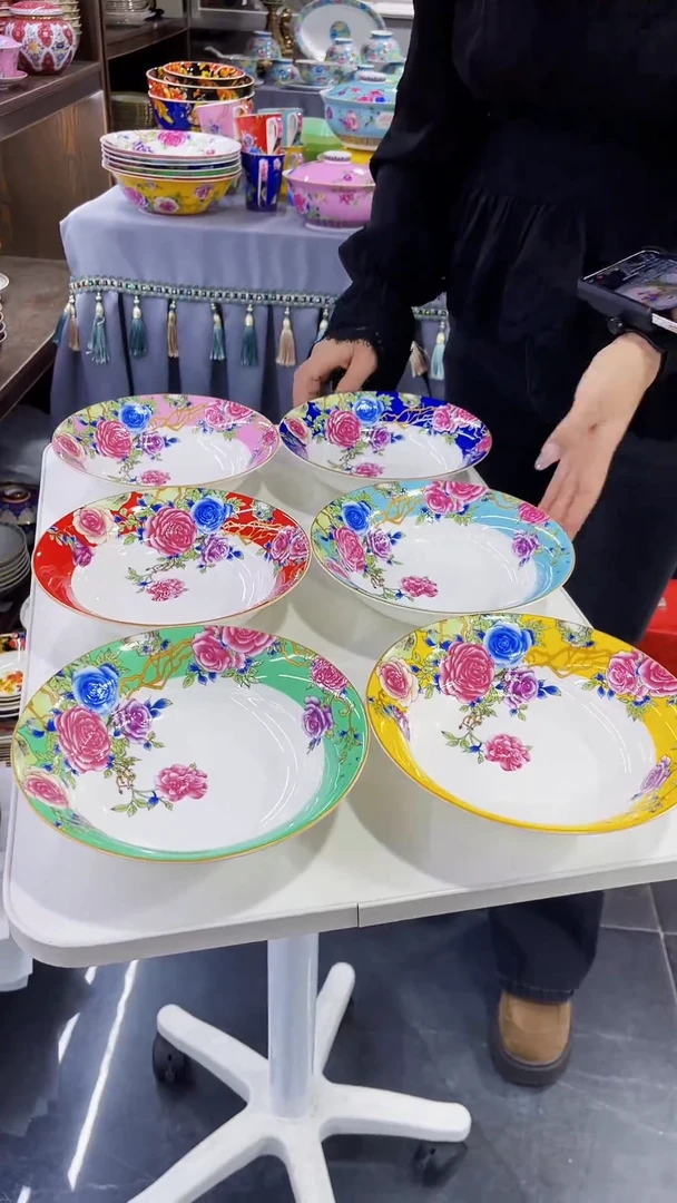 珐琅7.5英寸圆深盘6个景德镇陶瓷