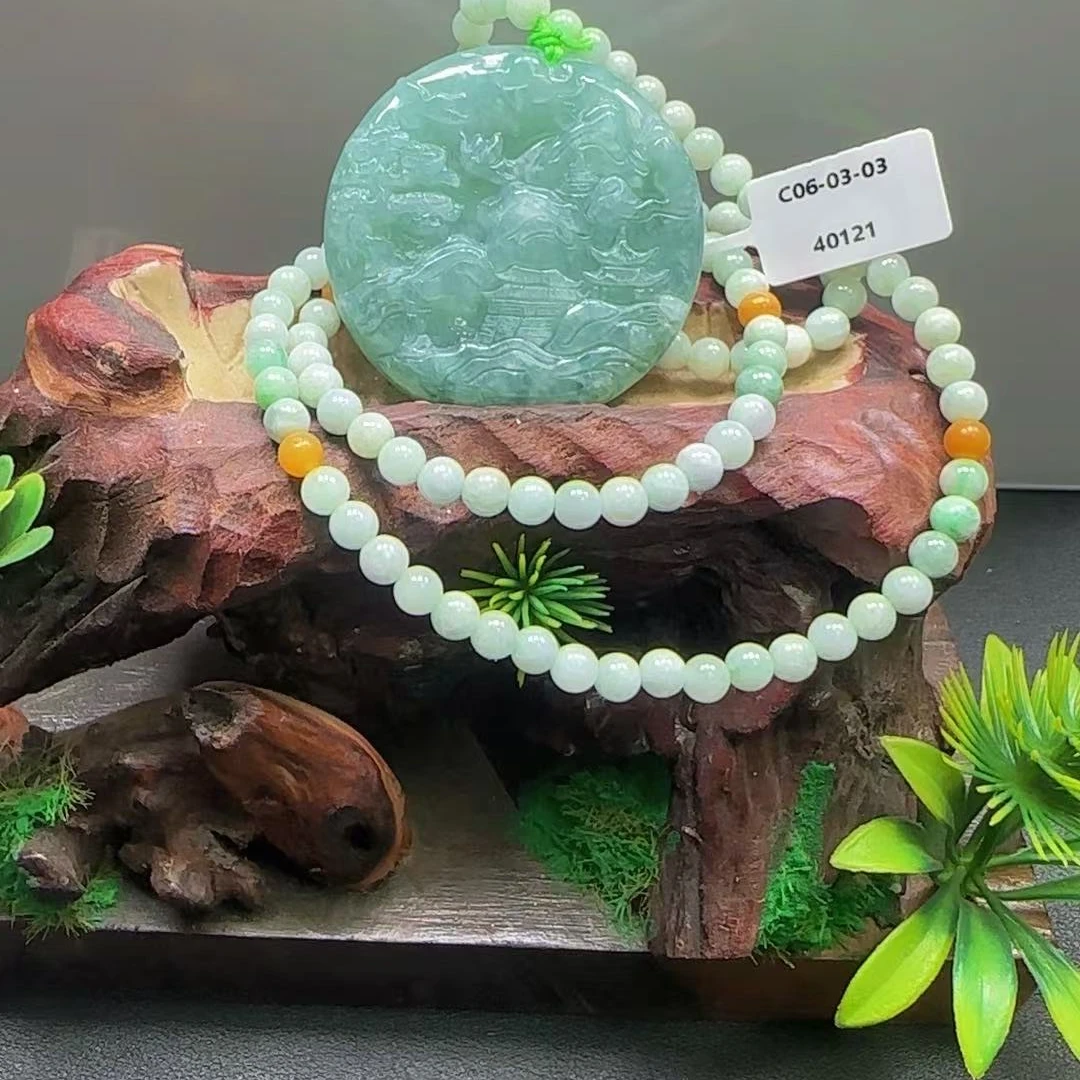 翡翠A货时尚山水吊坠带珠链GS-40121