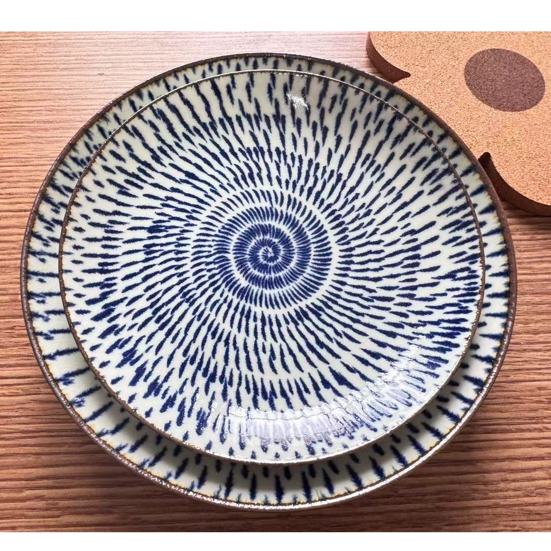 日本原装进口蓝涡纹圆形盘碟子餐具