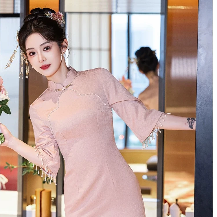 LY路】粉色旗袍新中式绝美旗袍新款订婚礼服女日常可穿高级感