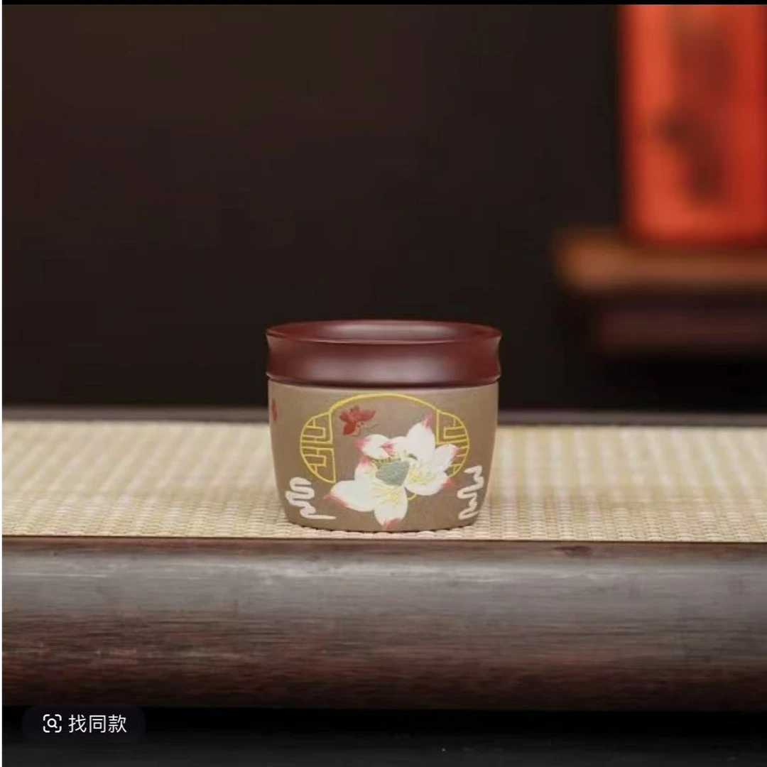 宜兴原矿紫泥粉灰段泥绘莲花紫砂杯