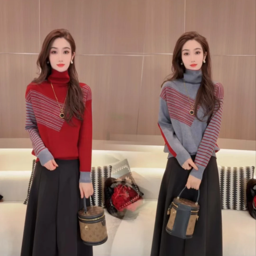 双面穿！秋冬新款堆堆领撞色宽松百搭时尚针织套头毛衣女9552-8