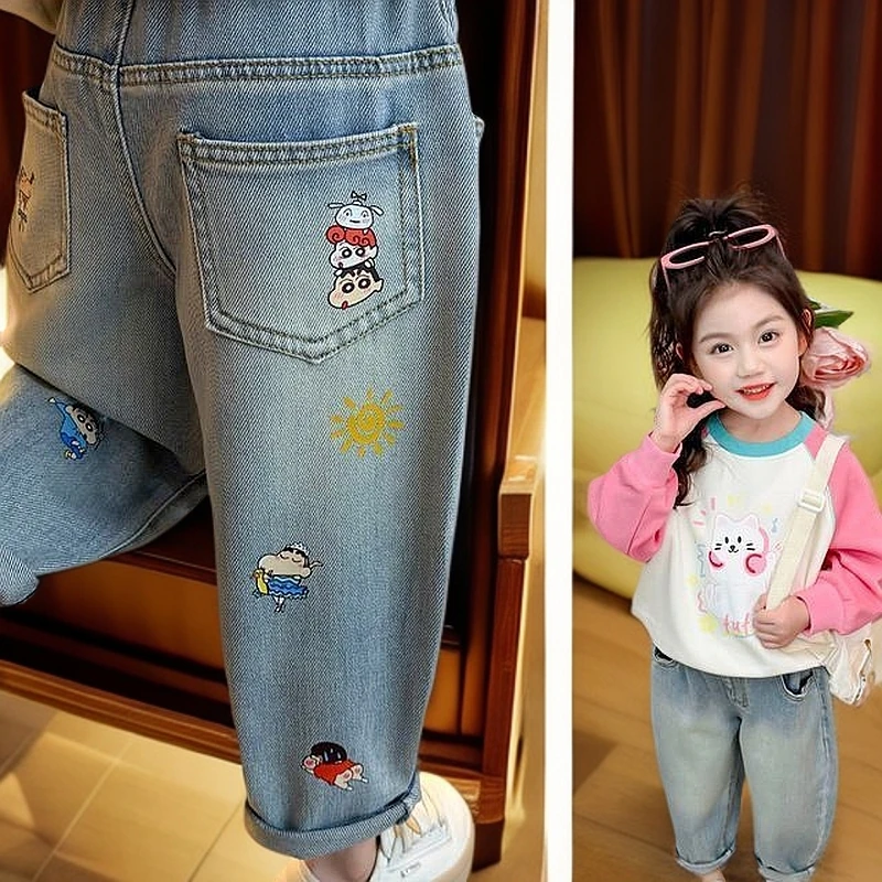 2025中小童款蜡笔小新卡通印花外穿可爱儿童女童裤子秋冬款牛仔裤