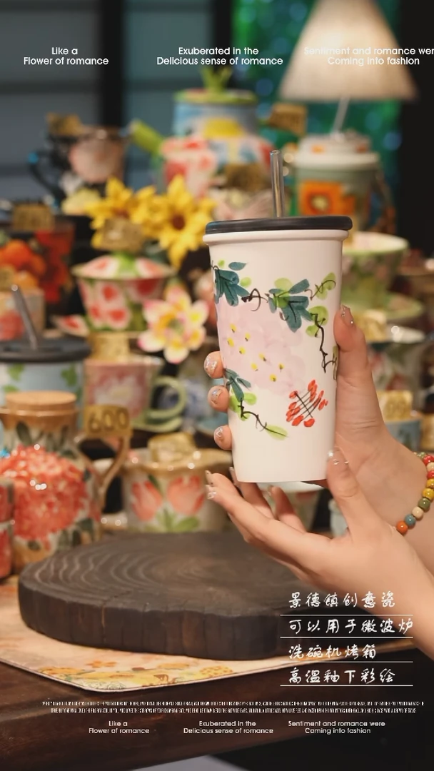 陶瓷吸管杯景德镇高温釉下彩手工手绘款式