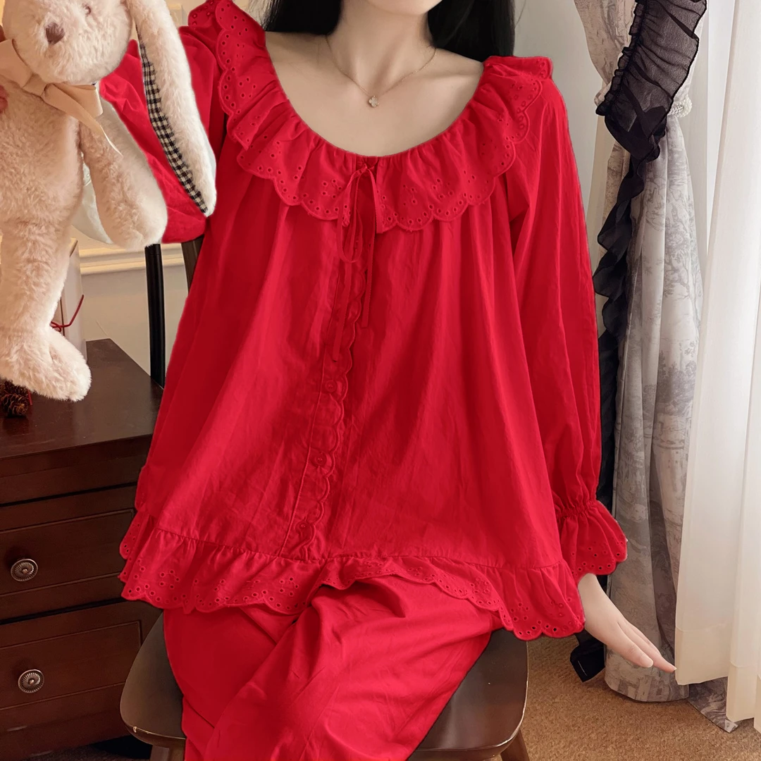 睡衣女款爆款2025新款套装纯棉春秋女士大码红色酒红本命年家居服