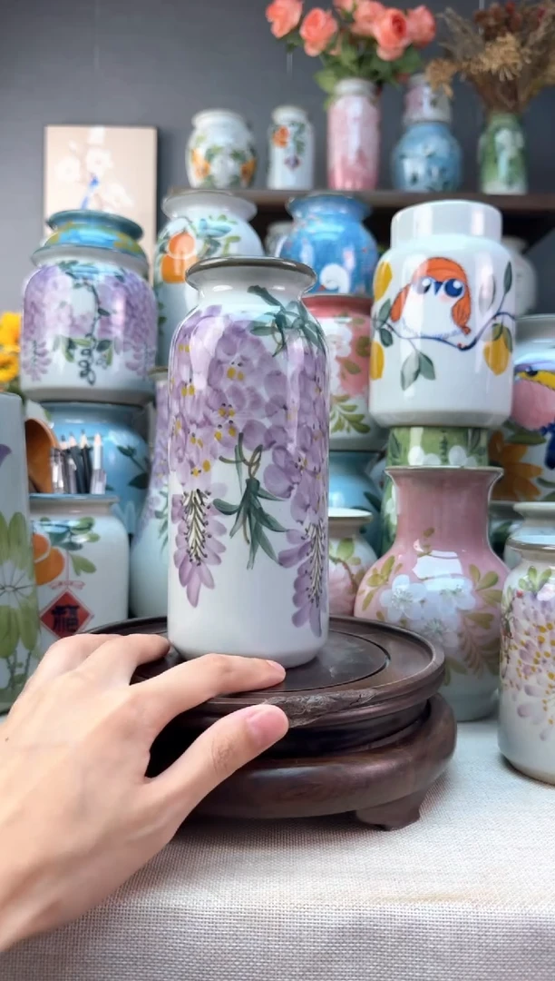 瓶景德镇手绘花器底部无孔内部无釉陶泥材质高温瓷釉下彩