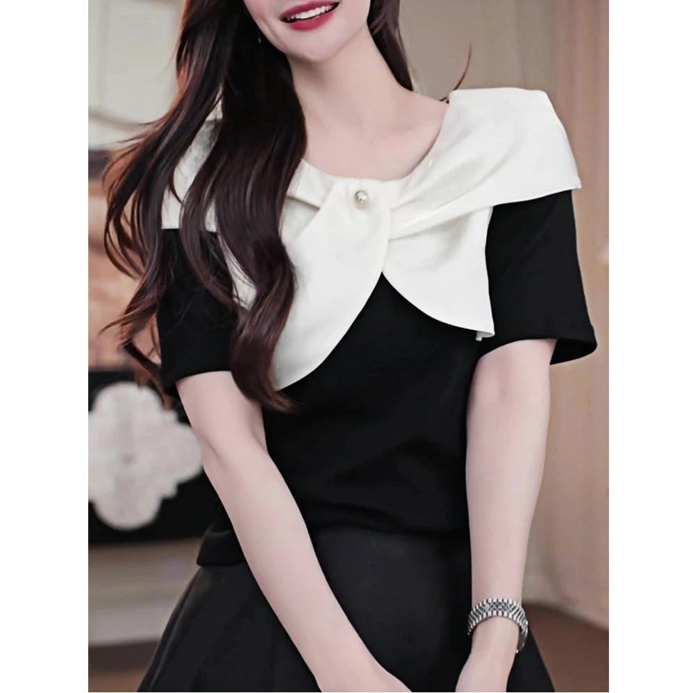 小众蝴蝶结拼接披肩黑色短袖T恤2025夏季新款温柔风女装气质上衣