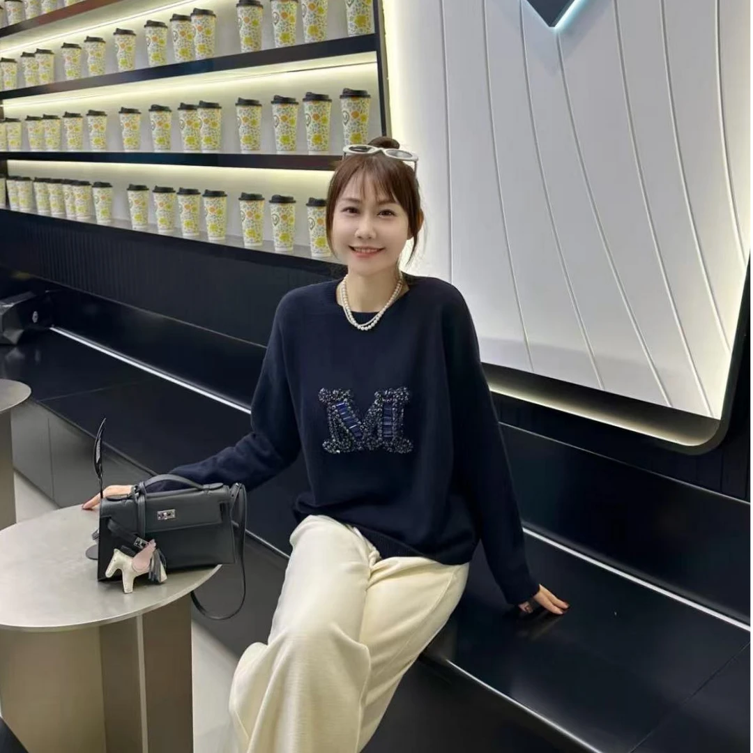 全新未使用 MaxMara 徽标套头针织衫水钻M字母 黑色/XS