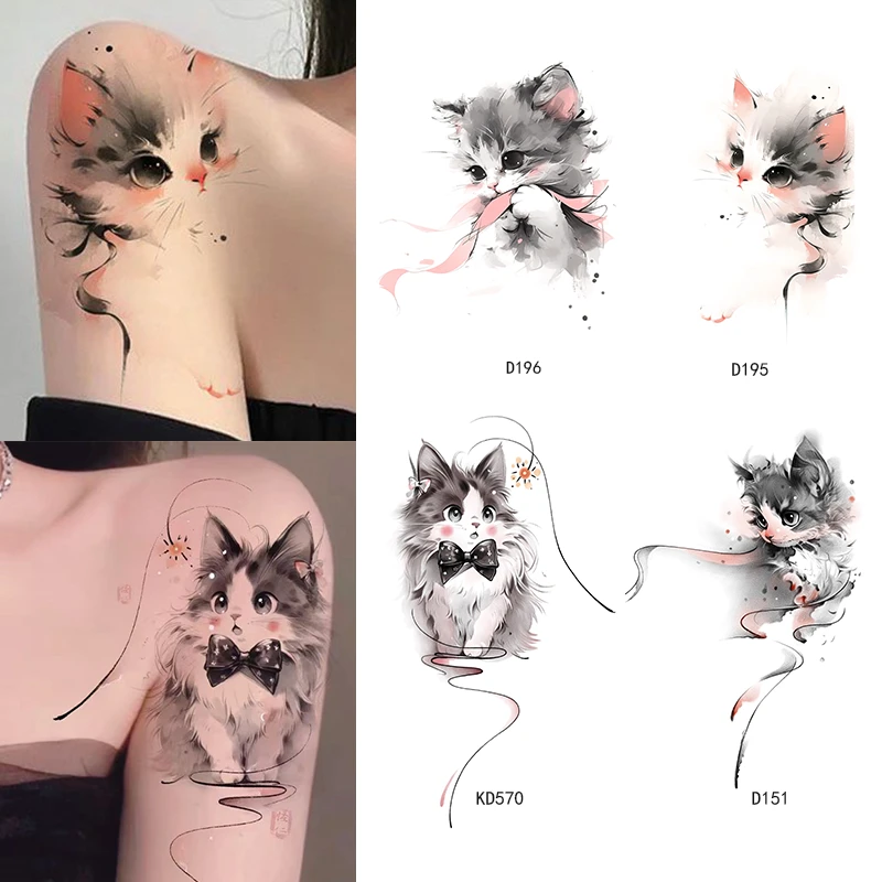 呆萌可爱水墨感猫咪彩色纹身贴防水持久高颜值肩膀手臂大腿贴纸