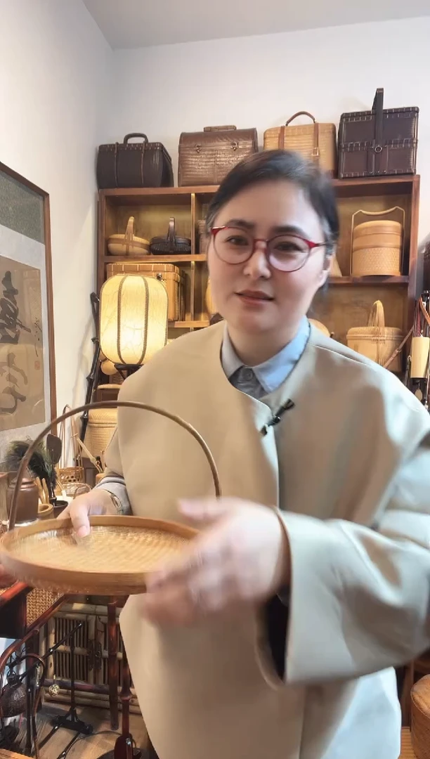 手工竹编浅盘提篮