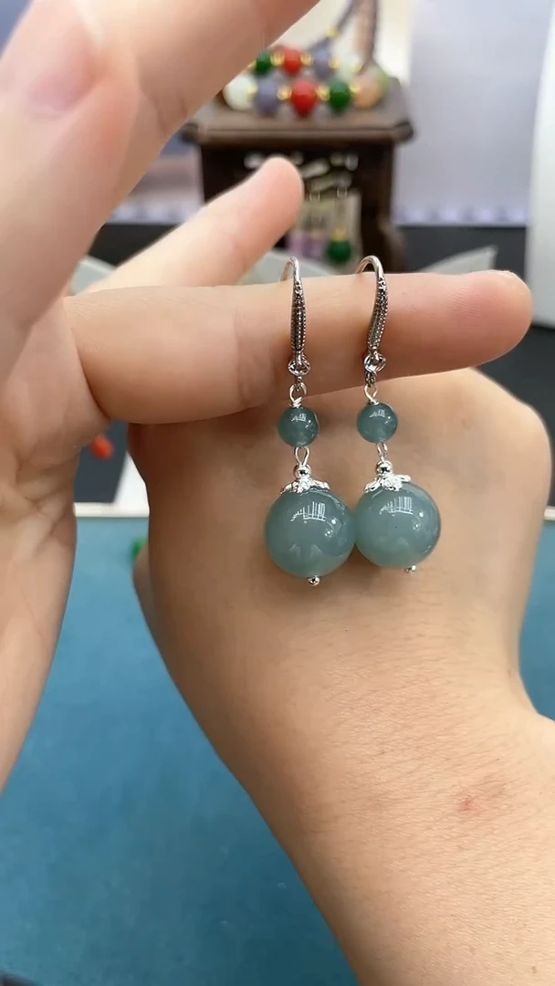 翡翠银S925镶嵌耳饰14mm蓝水双珠