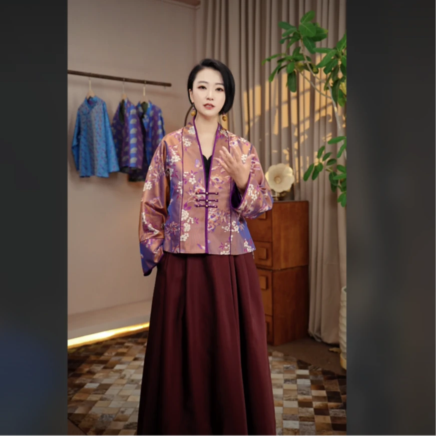 多元国风非遗古蜀锦蝶恋牡丹重磅桑蚕丝外套上衣MT90200
