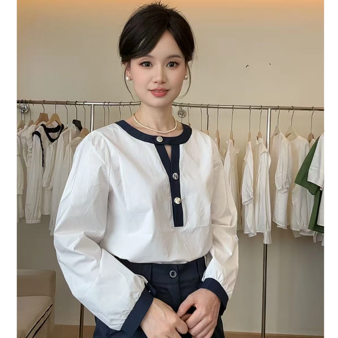 韩系撞色半开领衬衫女夏季2025新款独特别致洋气显瘦上衣