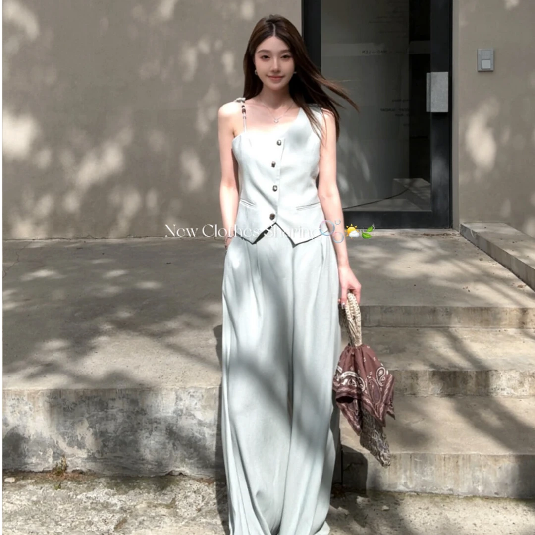 2025年夏季新款休闲气质套装女时尚通勤正装纯色马甲阔腿裤两件套