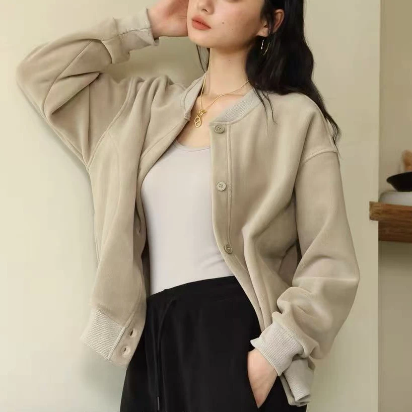 秋冬季长袖棒球领外套 休闲百搭简约加厚保暖女士外套 9731