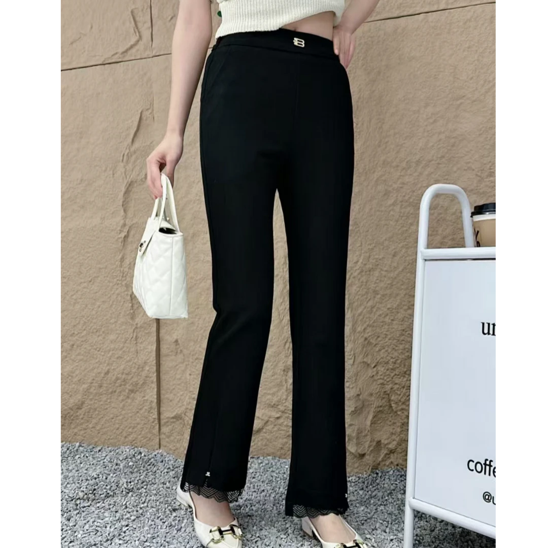 小施家气质显高拼接蕾丝微喇叭裤裤子202