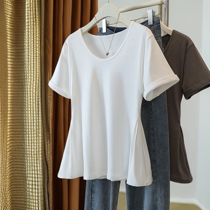 大码纯色简约正肩修身纯欲风洋气短袖T恤女夏季纯棉收腰显瘦上衣