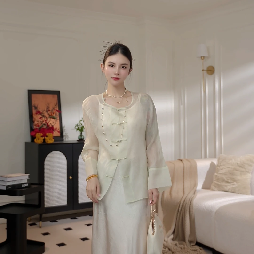 温温【漫春】真丝欧根纱长袖衬衫夏季宽松时尚简约衬衣440105