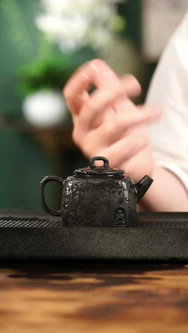 中式归玉堂冰碛岩重工雕刻小四方佛壶