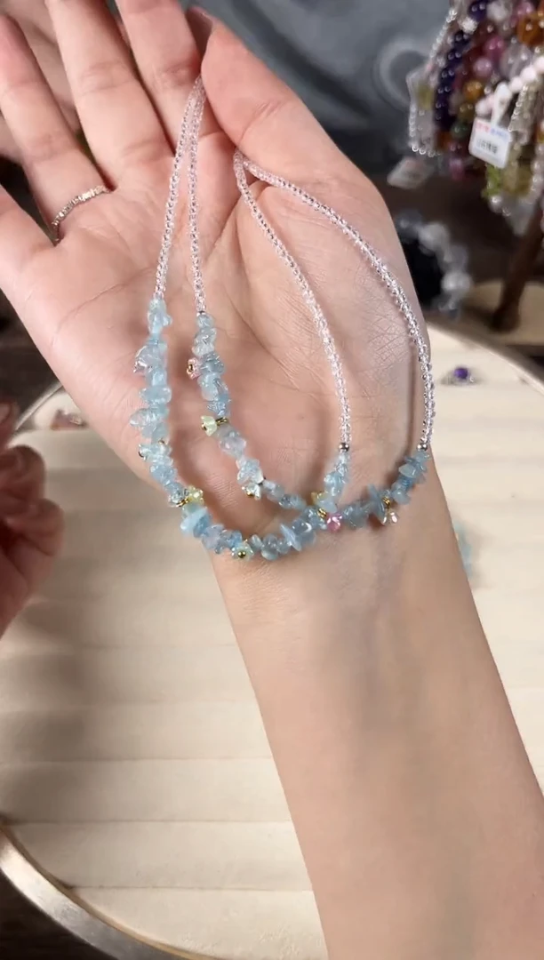 海蓝宝石手链未镶嵌海蓝宝碎石花花项链+手链