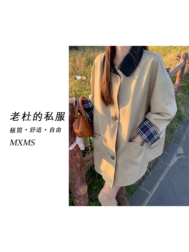 （麦欢尼）2515-“宝藏衣橱”韩版休闲时尚格子拼接中长款风衣外套