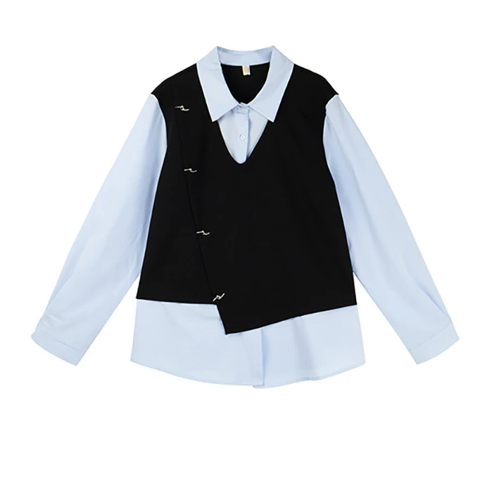 大码女装春秋胖妹妹显瘦设计感假两件套马甲衬衫女Polo领长袖上衣