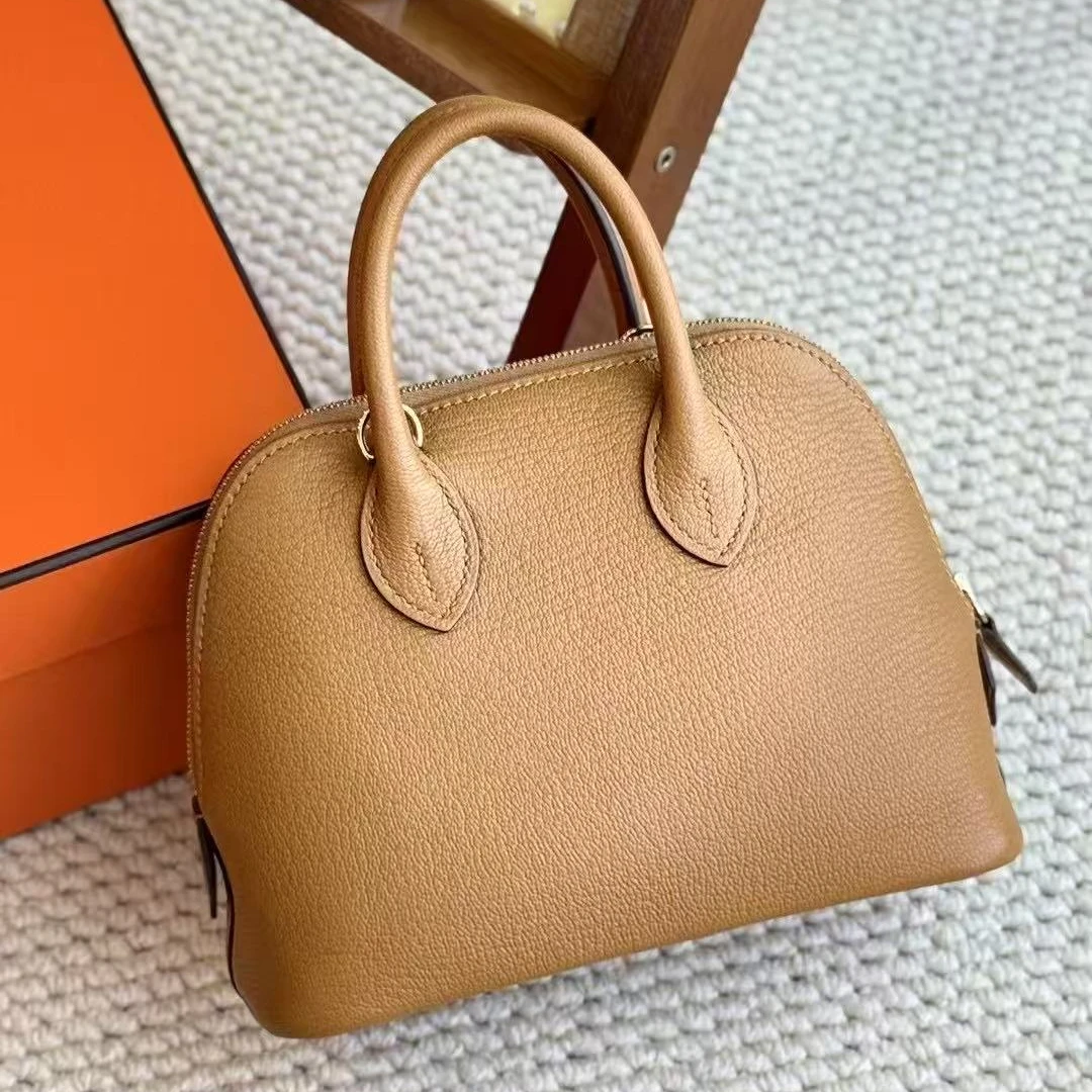 未使用 Hermes/爱马仕 mini保龄球焦糖色金扣 山羊皮B刻 编织肩带