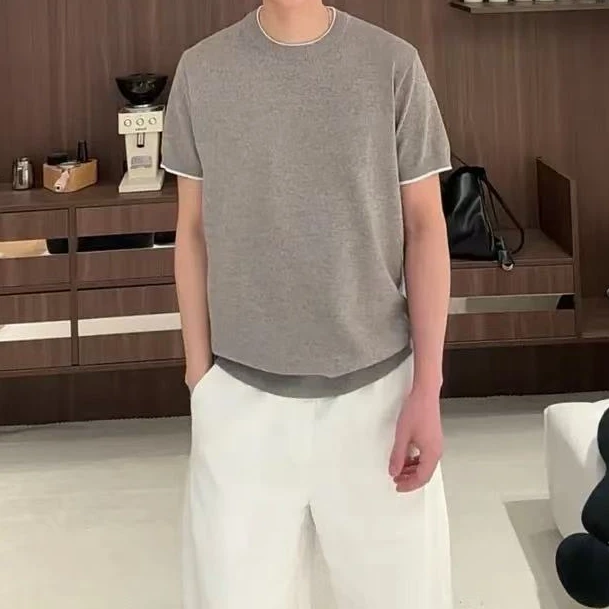 『暮染夏霜 简约通透』轻奢老钱风冰爽棉撞色慵懒百搭针织圆领T恤